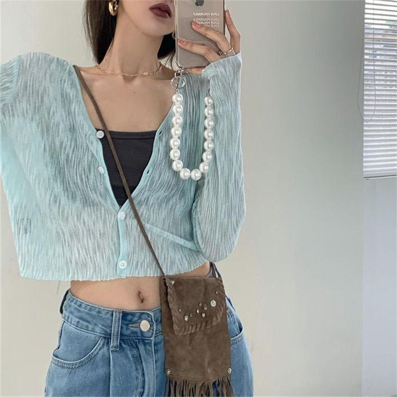 Cardigan con protezione solare per donna 2024, capospalla corto estivo sottile con scollo a V, top bianco lavorato a maglia a maniche lunghe, fabbrica_voghion.com