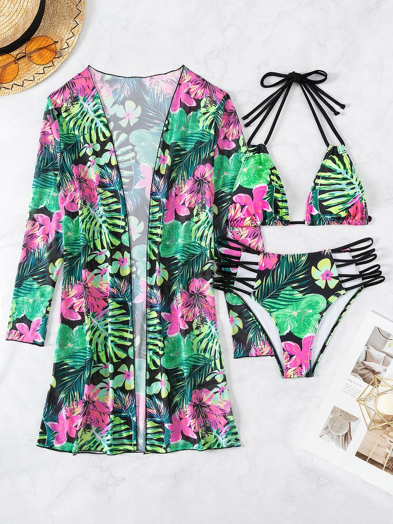 Roupas femininas estampa multicolorida moda sexy biquíni maiô de três peças para mulheres_voghion.com