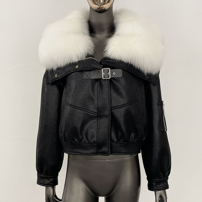 Wildlederjacke mit Kunstpelzbesatz – Wintertaugliches Lammfellfutter mit abnehmbarem Fuchskragen (Einheitsgröße, hochwertiges veganes Leder)_voghion.com