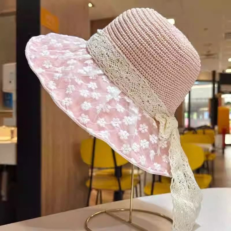 Straw Hat Summer New Hat Sunscreen Bucket Hat Seaside Lace Vacation Bow Beach Visor Sun Hat_voghion.com