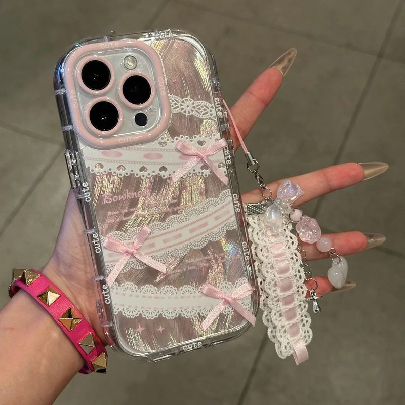 Custodia per telefono TechGlobe Butterfly Bow Lace compatibile con iPhone 15 Pro Max Cartoon 14/13 in garza di piume color crema da 16 pollici_voghion.com