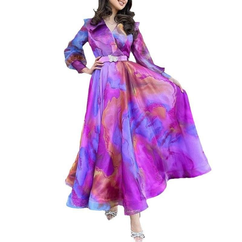 Spring And Summer New European And American Printing Large Swing Mesh Dress Commuter European And American Women's Dress_voghion.com