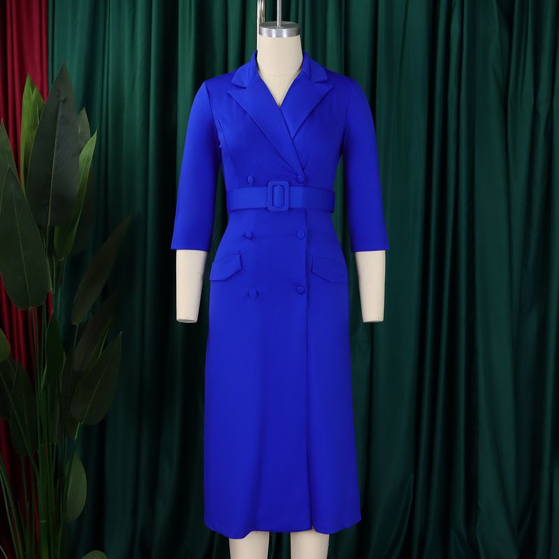 Damenbekleidung Damenmode Temperament Zweireihiger Anzugkragen Einfarbiges Kleid Mittellanges Kleid_voghion.com