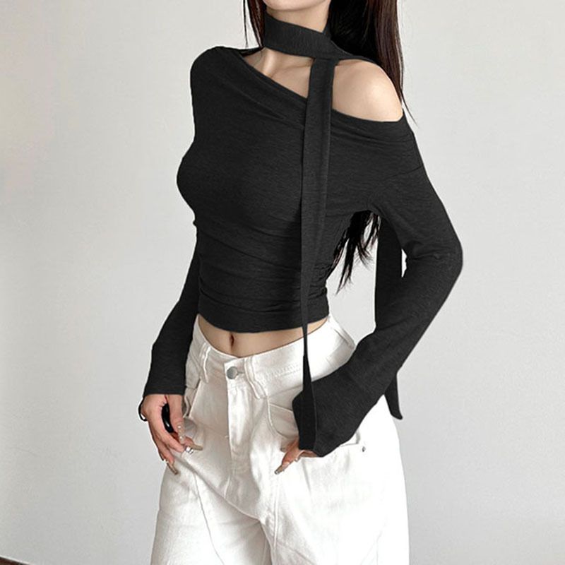 Top in maglia irregolare con nastro annodato dal design personalizzato per donna con scollo a spalle scoperte, maglietta estiva slim fit tinta unita di base_voghion.com