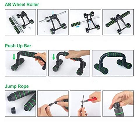 4-Rad-Lautloses Bauchrad, 7-teiliges Set, Hilfstraining, Springseil, Gleitscheibe, Liegestütz, Fitness-Kombination_voghion.com