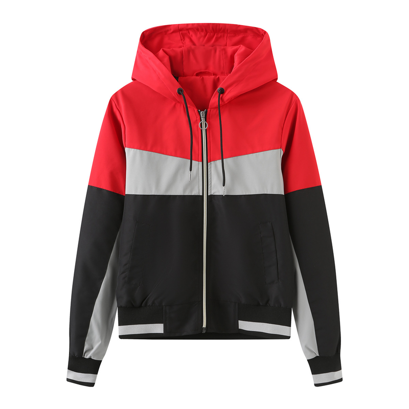 2022 Frühling und Herbst Neue dünne Kapuzen-Trenchcoat für Frauen mit Farbblock-Langarm-Reißverschluss-Kordelzugjacke 517_voghion.com