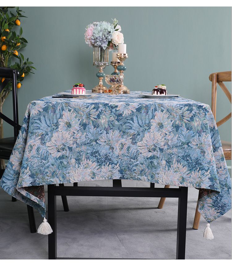 Tischdecke mit Blumenmotiv und Fransen im Ölgemälde-Stil – rutschfeste, hitzebeständige runde und rechteckige Tischdecke aus Polyester für Esszimmer, amerikanischer Vintage-Stil_voghion.com