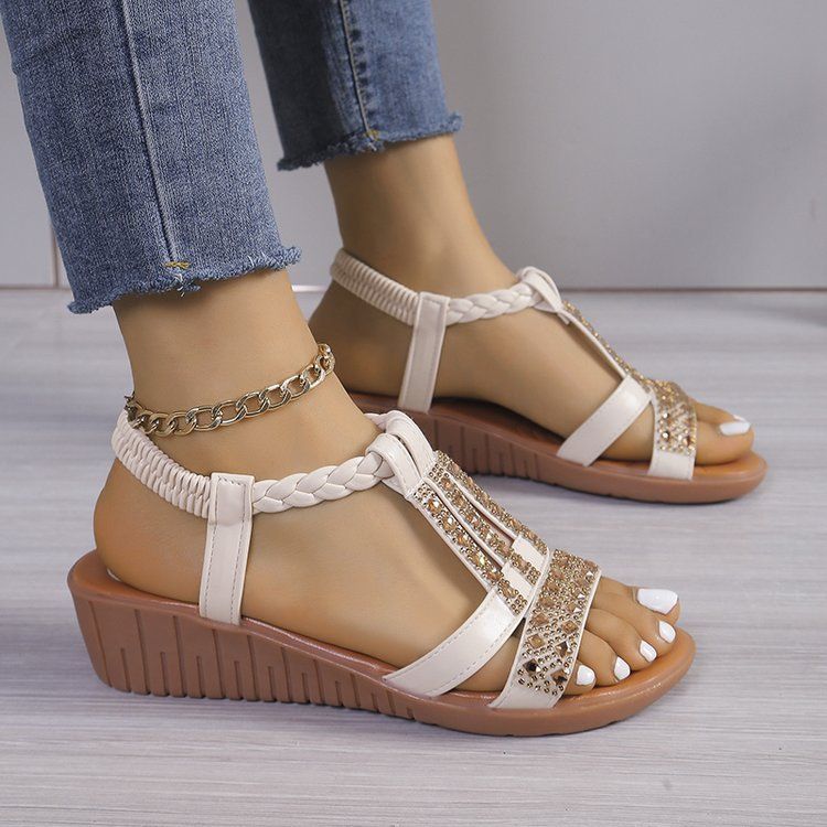 Chaussures pour femmes, mode d'été, bouche de poisson, ensemble pied, talon compensé, mode loisirs, grande taille, sandales bohèmes à strass_voghion.com