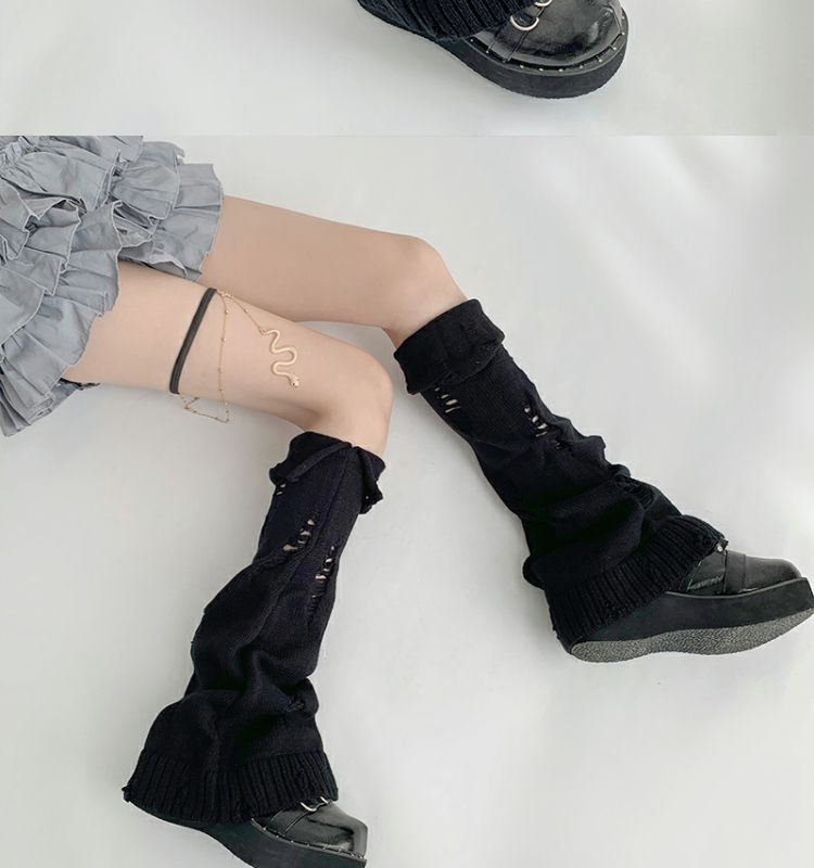 Nouvelles jambières tricotées style JK pour femmes, grises, déchirées et à revers, chaussettes mi-mollet évasées et empilées de sous-culture Y2K_voghion.com