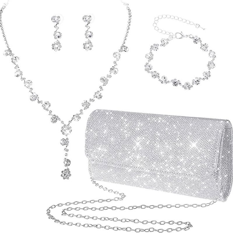 Set di gioielli da donna - Elegante collana floreale in argento, orecchini e bracciale per matrimoni, feste serali, occasioni speciali, set di gioielli con borsa da sera_voghion.com