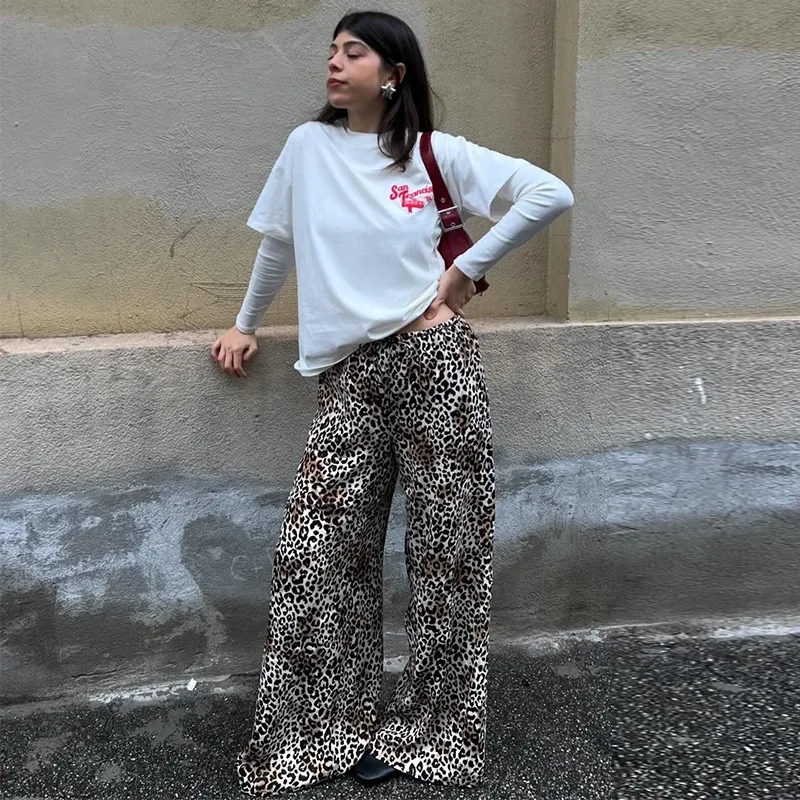 Heißer verkauf Vintage Leopard Print Hosen Frauen Casual Lose Lace Up Breite Bein Hosen Weibliche 2024 Sommer Mode Alle-spiel Dame_voghion.com