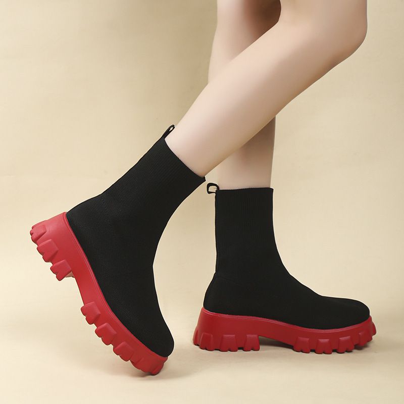Zīmola SHLIANG Sieviešu puszābaki Viegli ikdienas apavi sievietēm Wedge Fashion Zeķu zābaki Adīšana Ziemas Vidēja Tube Platform Boot SB159_voghion.com