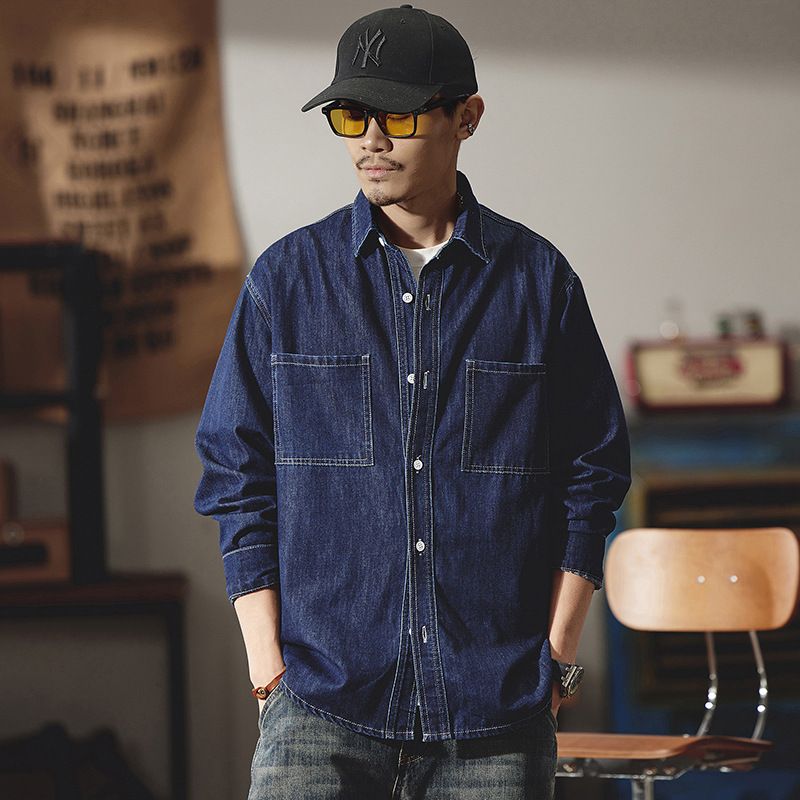 Chemise en jean pour homme, nouvelle collection printemps-été, ample et simple, style japonais, grande taille, couleur unie_voghion.com