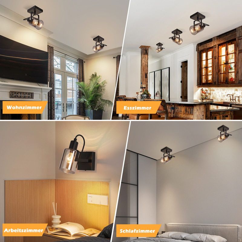 Glitzerlife Deckenstrahler Vintage Deckenlampe 1flammig - Retro Rauchgrau Glas Deckenleuchte E14 Fassung Industrial Schwarz Deckenspot Max. 40W Für Küche Wohnz_voghion.com