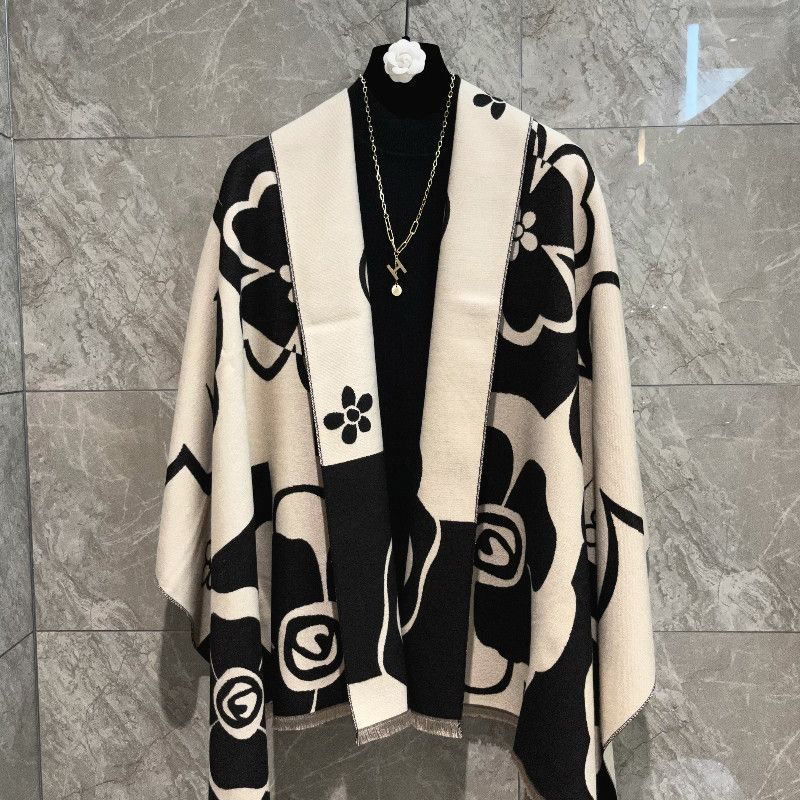 Bufanda de cachemira sintética de lujo: chal de invierno con estampado floral de camelia, suave y elegante accesorio para la oficina._voghion.com