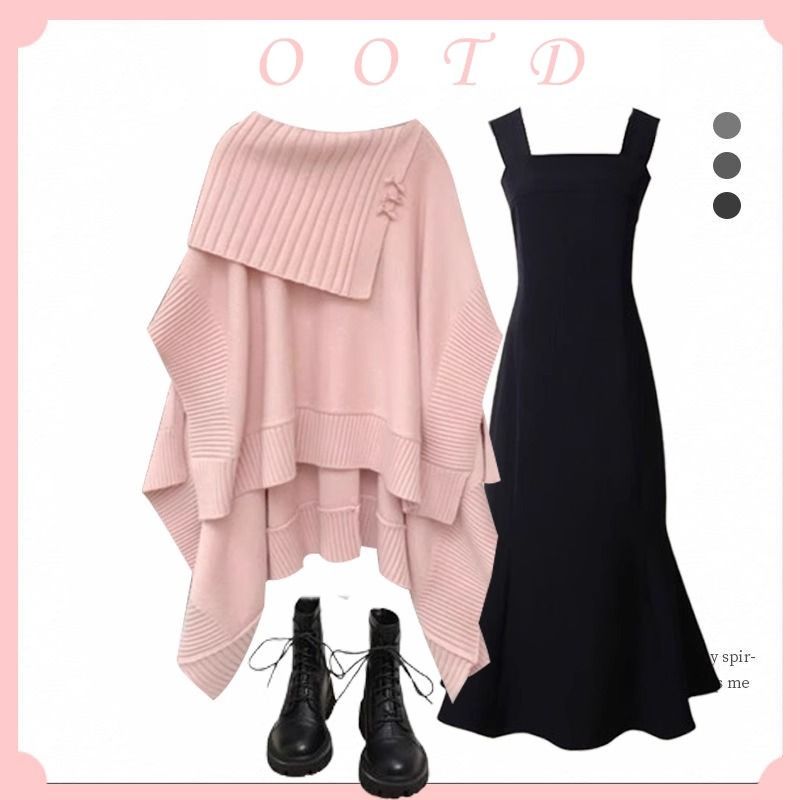 Dameskleding Winter zachte outfit voor vrouwen nieuwe stijl mode temperament gebreide cape bretels visstaart rok tweedelig pak_voghion.com