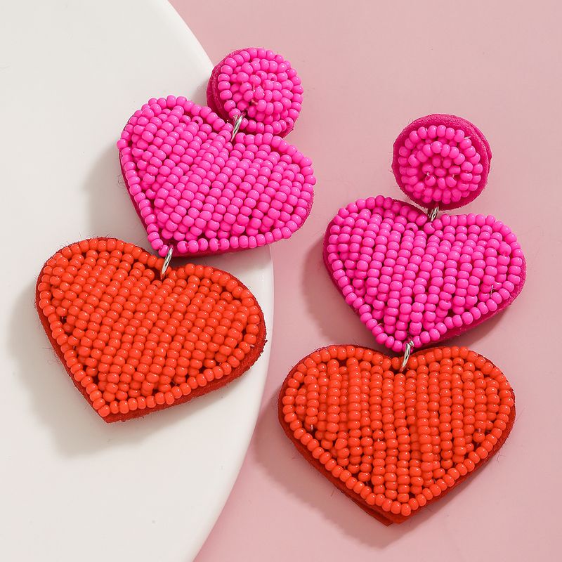 INS style fashion exquisite handmade rice bead peach heart earrings double layer exaggerated love Valentine's Day earrings_voghion.com