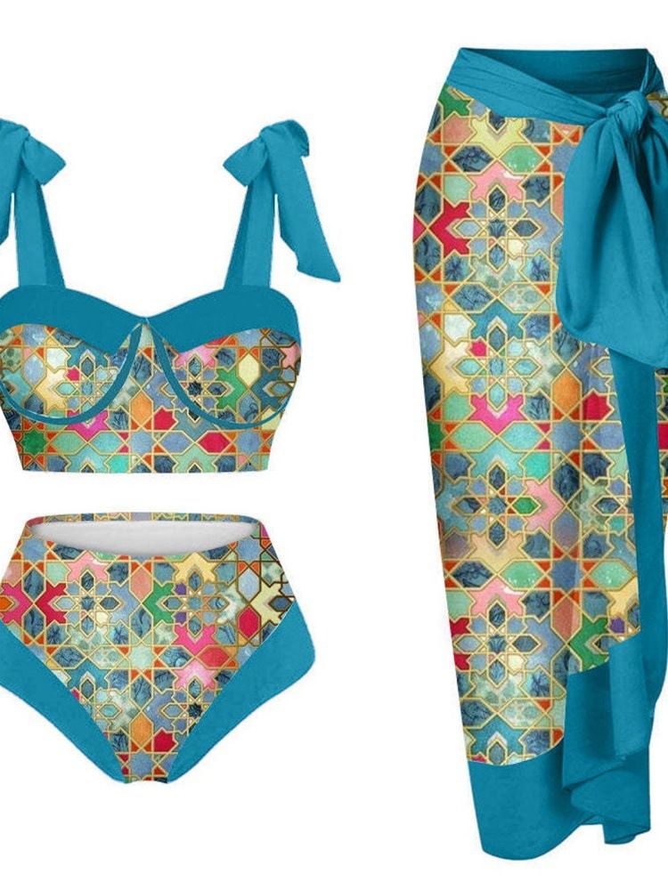 Elegante costume da bagno a 3 pezzi in rete – Bikini con stampa digitale e gonna lunga per spiaggia e piscina_voghion.com