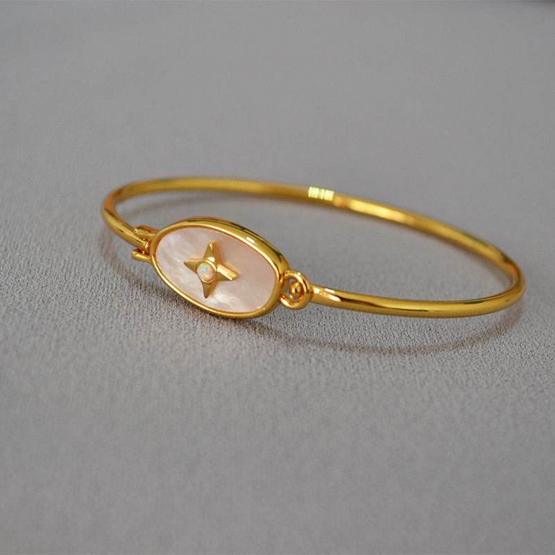 Bracciale sottile apribile placcato oro in ottone con opale intarsiato, versione coreana, semplice, alla moda, bianco e colorato, per donna_voghion.com