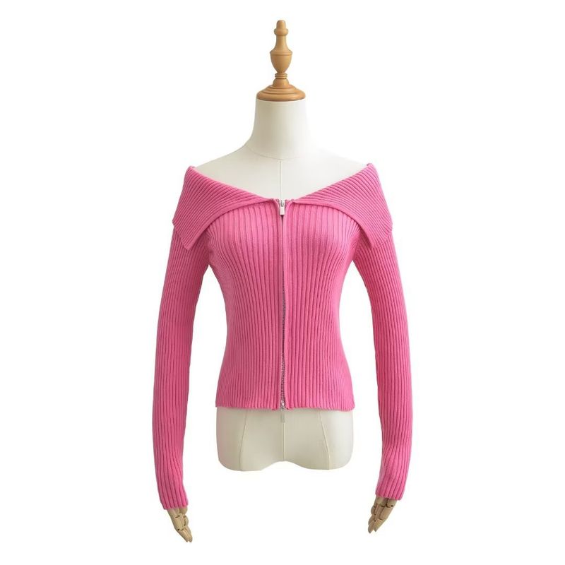 Damenbekleidung Kurze Jacke mit großem Revers Langarm-Design Strickpullover_voghion.com