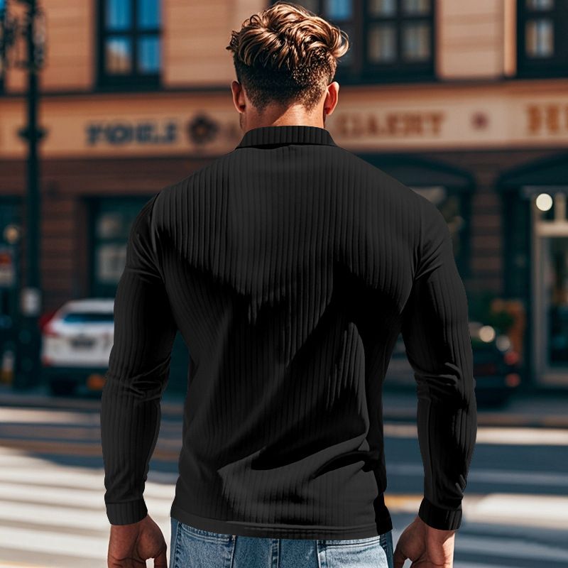 Herren-T-Shirt mit gerippter Struktur, lässiges Revers-Button-Down-Slim-Fit-Langarm-Poloshirt für Männer_voghion.com