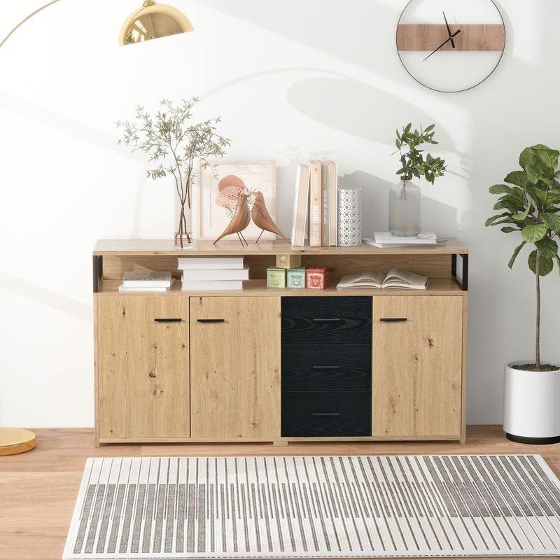 Buffet industriel trois portes et trois tiroirs, meuble de rangement multifonctionnel avec poignées en métal, armoire de cuisine, meuble de rangement pour chambre, salon et bureau, 150 x 35 x 75,9 cm_voghion.com