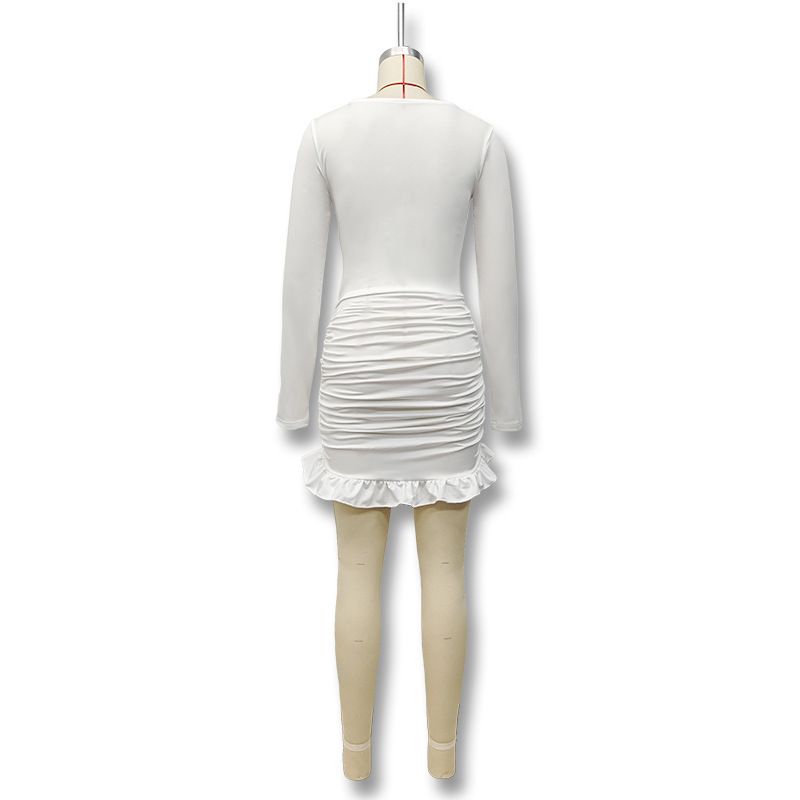 Vestito corto aderente da donna, estivo, casual, a tinta unita, con scollo rotondo, maniche lunghe e plissettate, a portafoglio._voghion.com