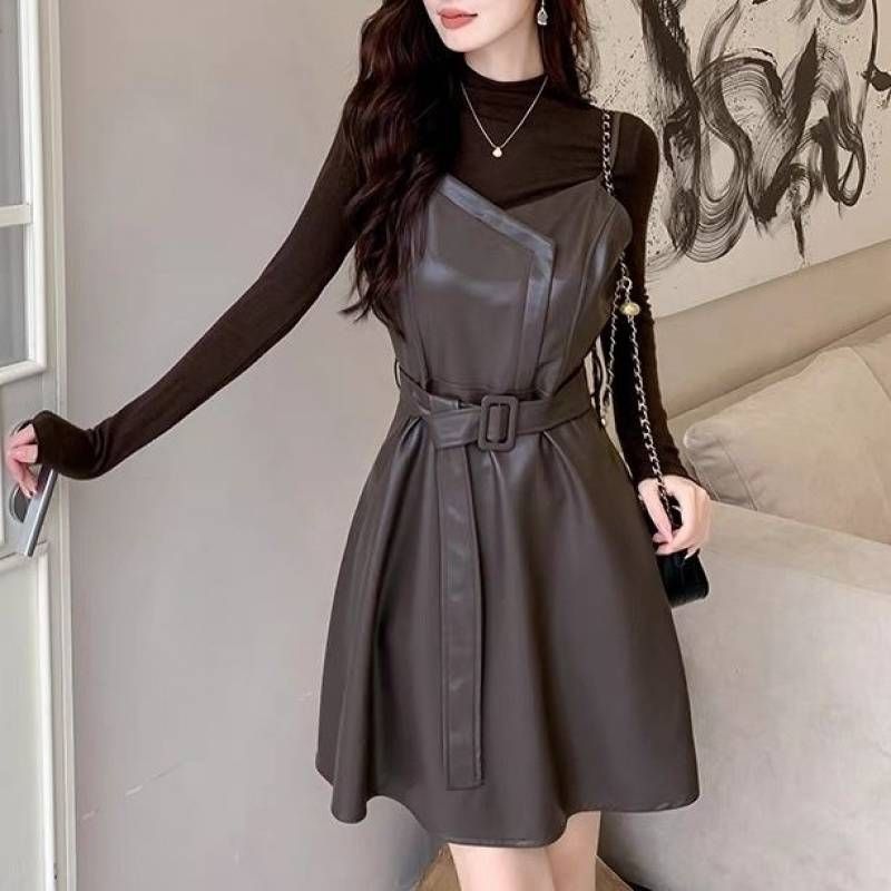 Zweiteiliges Leder-Set für Damen im Frühjahr und Herbst 2025 mit Oberteil und modischem Kleid_voghion.com