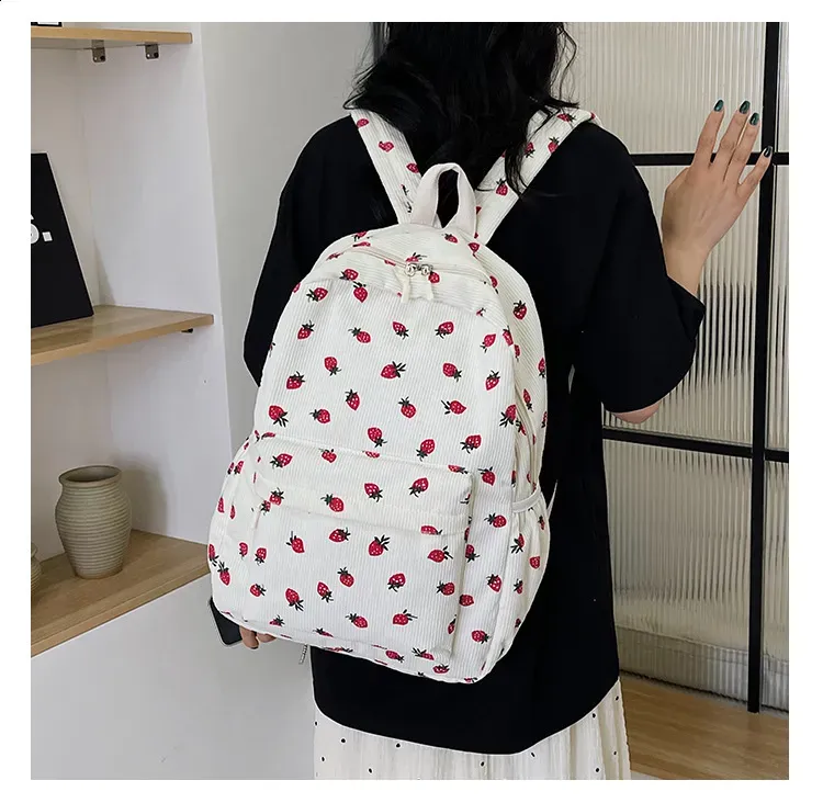 Corduroy Strawberry Backpack Student Multi Pocket Youth Adjustable Strap Notebook Outdoor Mochila Escolars 250408l_voghion.com