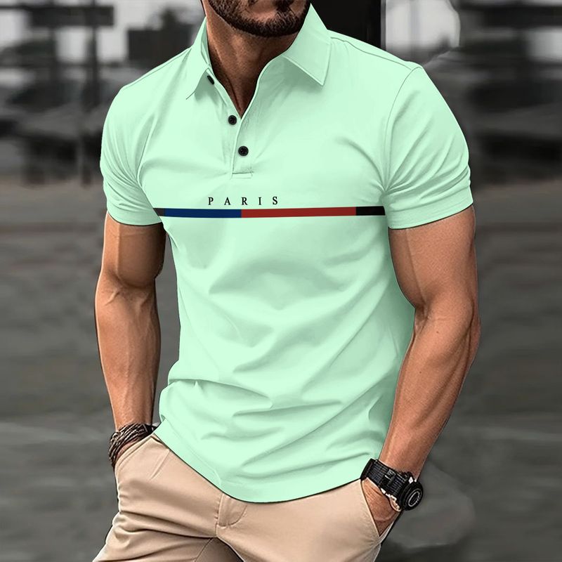 Men's Stripe Print Polo Shirt - Breathable Short Sleeve Casual Top With Button Collar, Lightweight & Comfortable For Summer_voghion.com