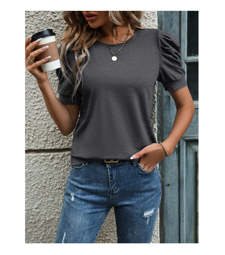 Solid Color Casual Pullover Mutton Leg Sleeve Short-sleeved T-shirt_voghion.com