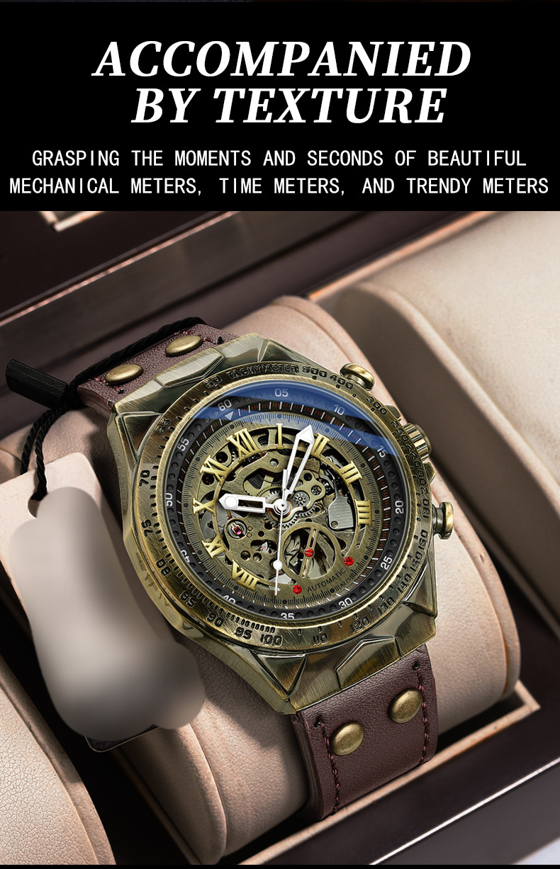 Binbang Moda Masculina Casual Bronze Antigo Relógio Mecânico Automático Rede Vermelho_voghion.com