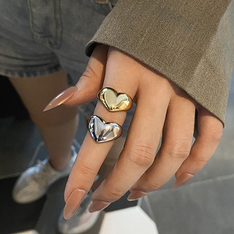 Moda Argento Colore Tendenza Creativo Nuovo Amore Cuore Forma Anello Oro Leggero Metallico Texture Ragazze Gioielli Coppia_voghion.com