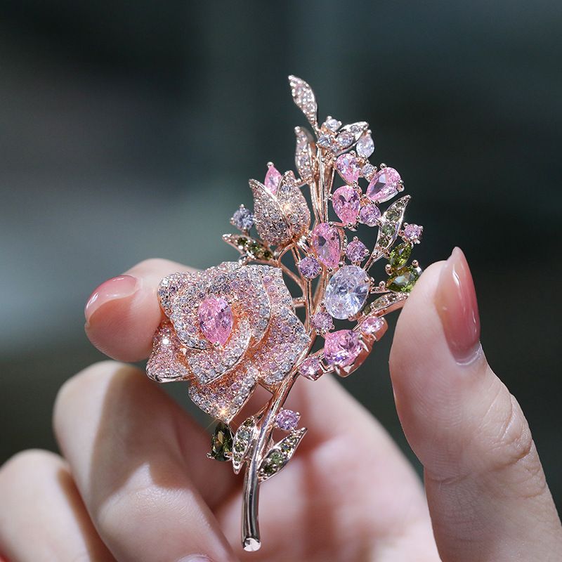 Advanced Heavy Industry Colored Rose Zircon brooch for women's high-end live streaming flower pin_voghion.com