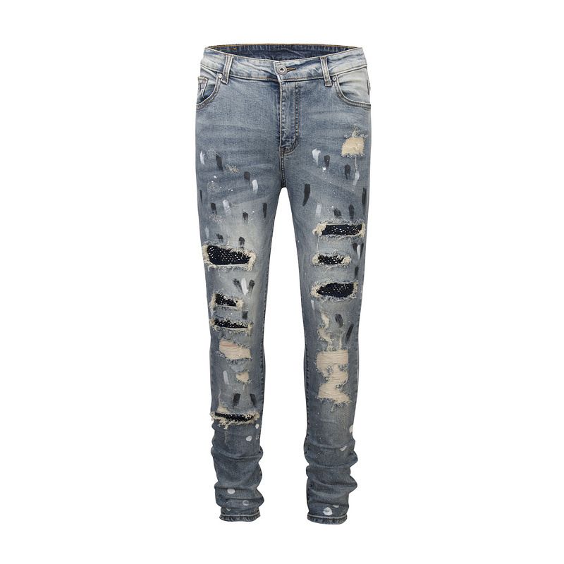 Herrenbekleidung High Street Diamond Splash Ink Wash Hole Patch Patchwork Hot Diamond Jeans Bettlerhose_voghion.com