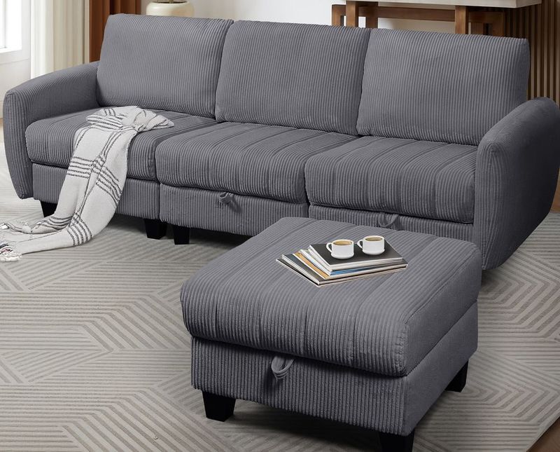 Grey Corduroy Fabric Sofa With OTTOMAN_voghion.com