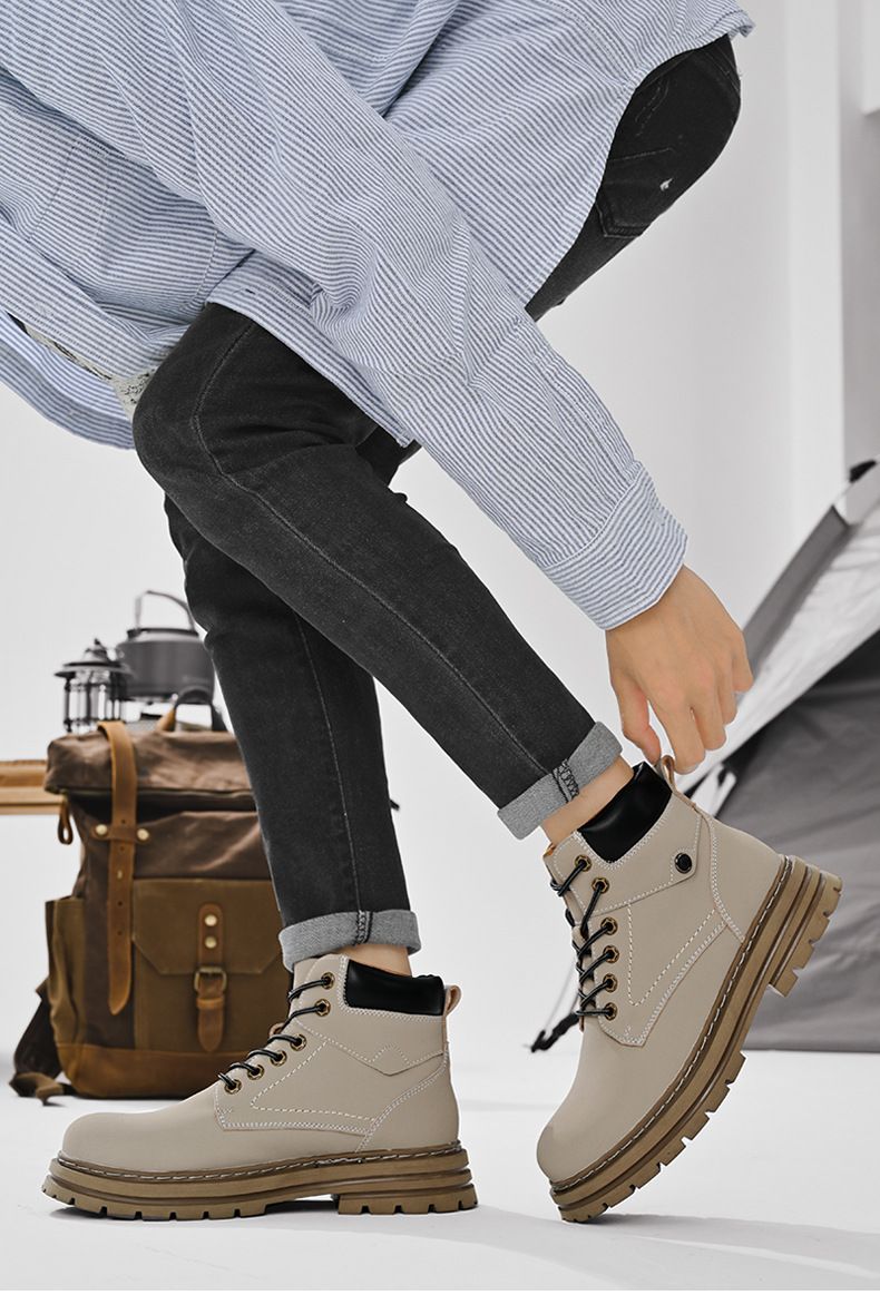 Men's Waterproof Leather Work Boots - High Top Rugged Outdoor Boots For Men, Durable & Comfortable Casual Boots For All Seasons_voghion.com