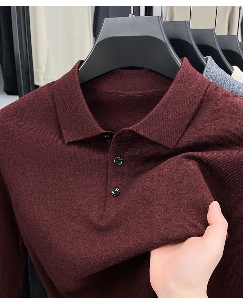 Men's Long Sleeve Knitted Sweater Spring Autumn Thin Wool Blend Turn-down Collar Middle-aged Base Shirt Top_voghion.com