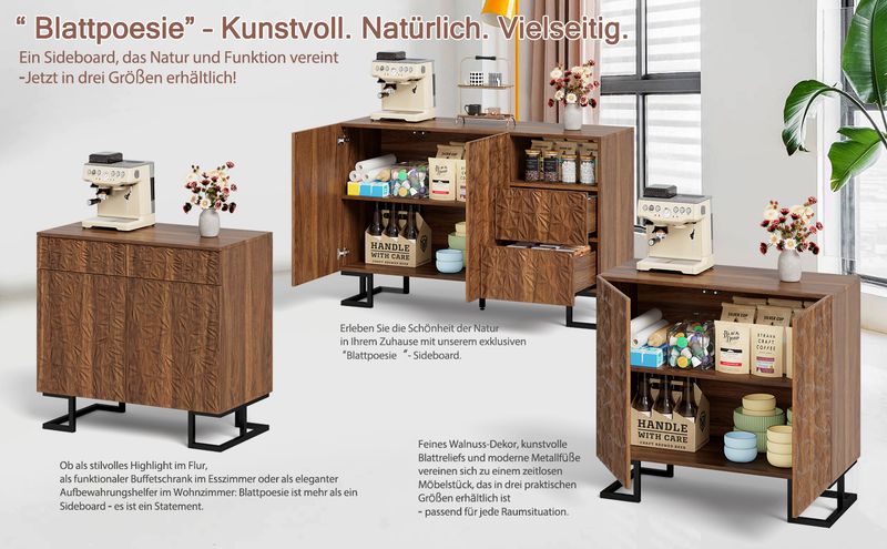 Beistellschrank 120x78,5cm Walnussoptik Mit Blattrelief, 2 Türen & 2 Schubladen_voghion.com