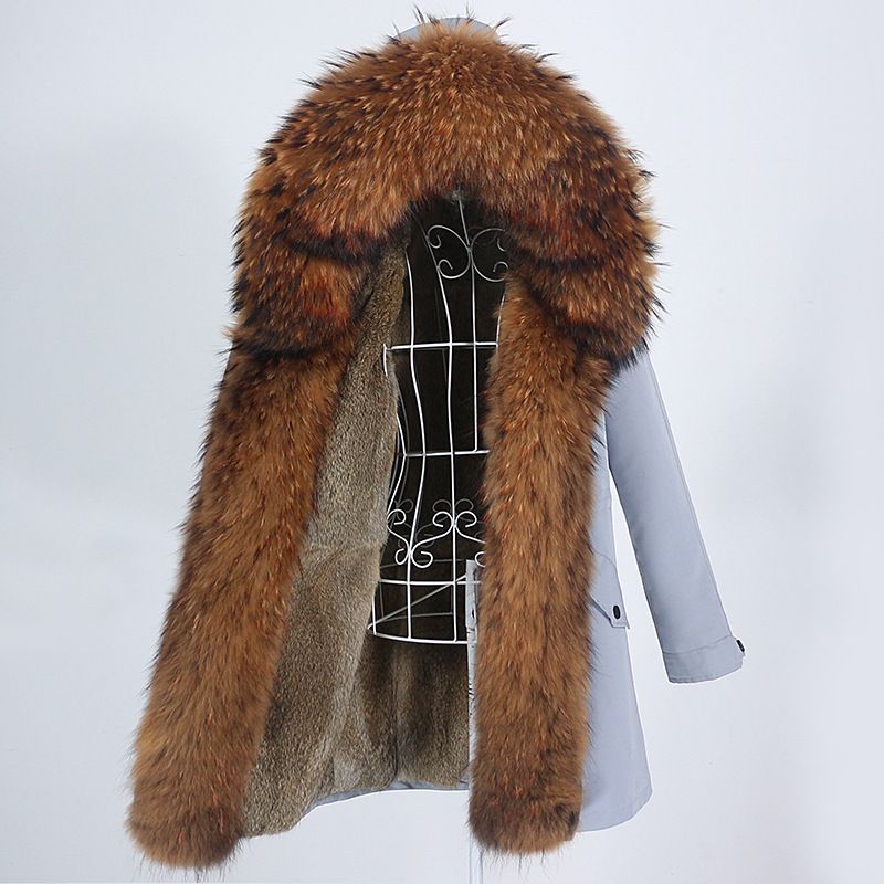 Damenbekleidung Abnehmbarer Innenmantel mit Fuchspelzkragen Mittellang Modischer warmer Kapuzenmantel_voghion.com