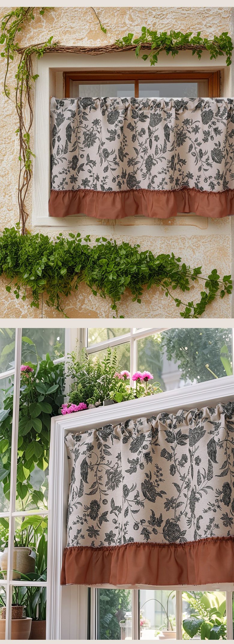 Cortina de ventana con diseño de margaritas - Cenefa de poliéster para cocina, estilo bohemio negro para ventanas pequeñas (70 x 60 cm/150 x 60 cm/150 x 100 cm) - No requiere taladro_voghion.com