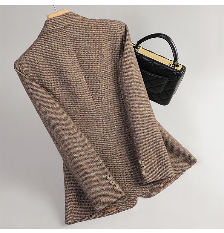 Blazer in misto lana pied de poule per donna (adatto alle taglie piccole, con un solo bottone, dalla S alla XXXXL, adatto all'ufficio autunno/primavera, opzioni marrone/grigio/ruggine)_voghion.com