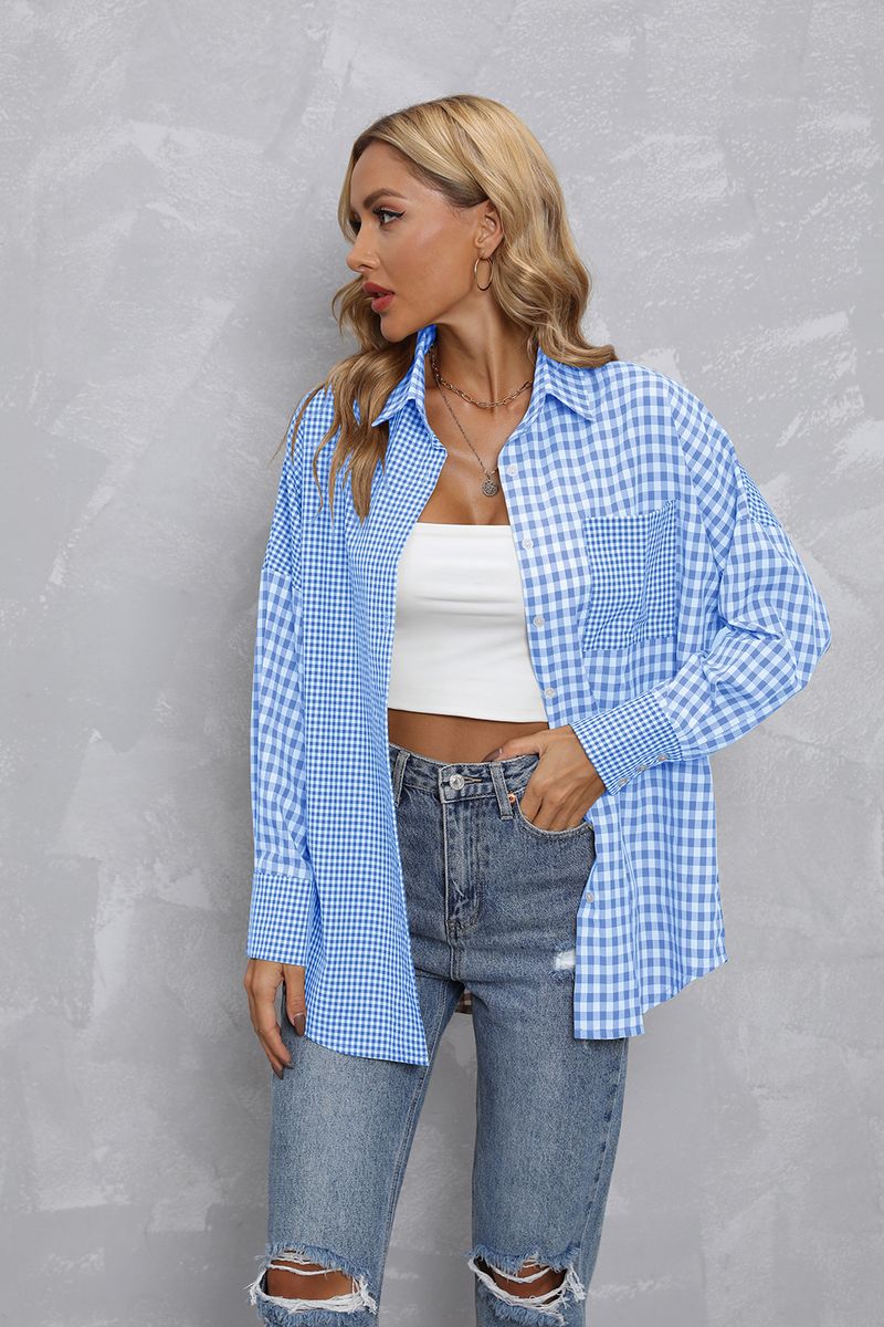 Damen Top Revers Plaid Farblich passendes lockeres Freizeithemd_voghion.com