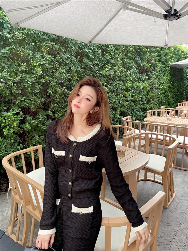 Leichter Luxus für Damen, faules Temperament, kleiner Duftanzug, hochwertige Strickjacke, zweiteiliges Set mit hoch taillierten Hosen mit weitem Bein_voghion.com