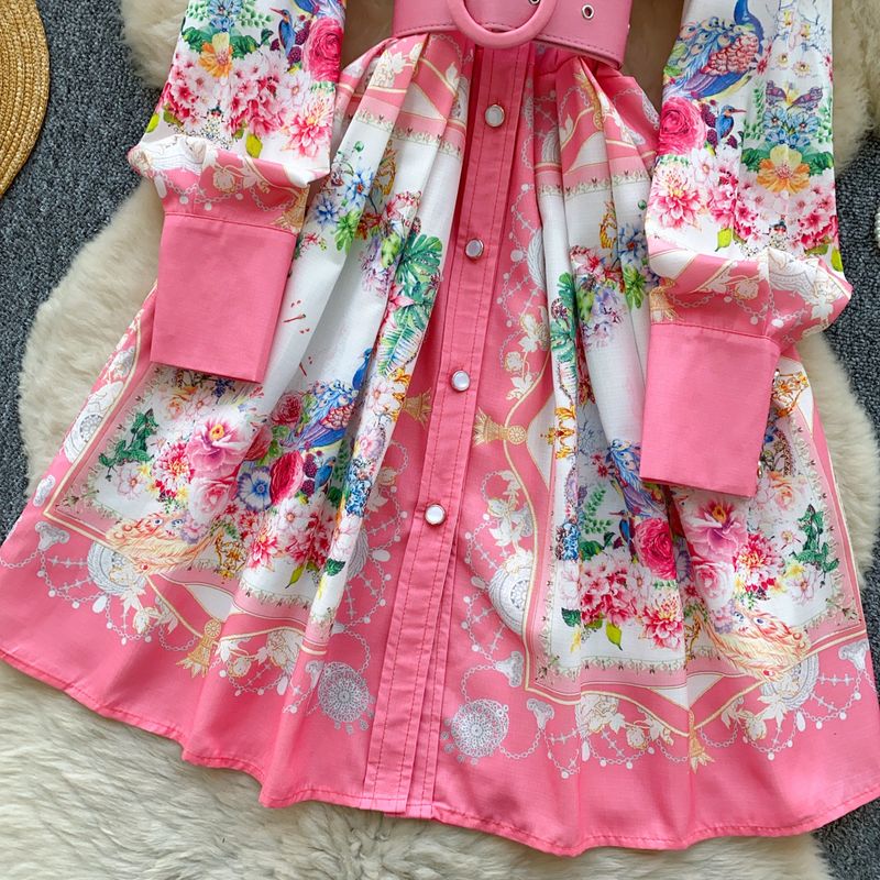 Abito camicia a trapezio con stampa a vita sottile monopetto e risvolto retrò da donna_voghion.com