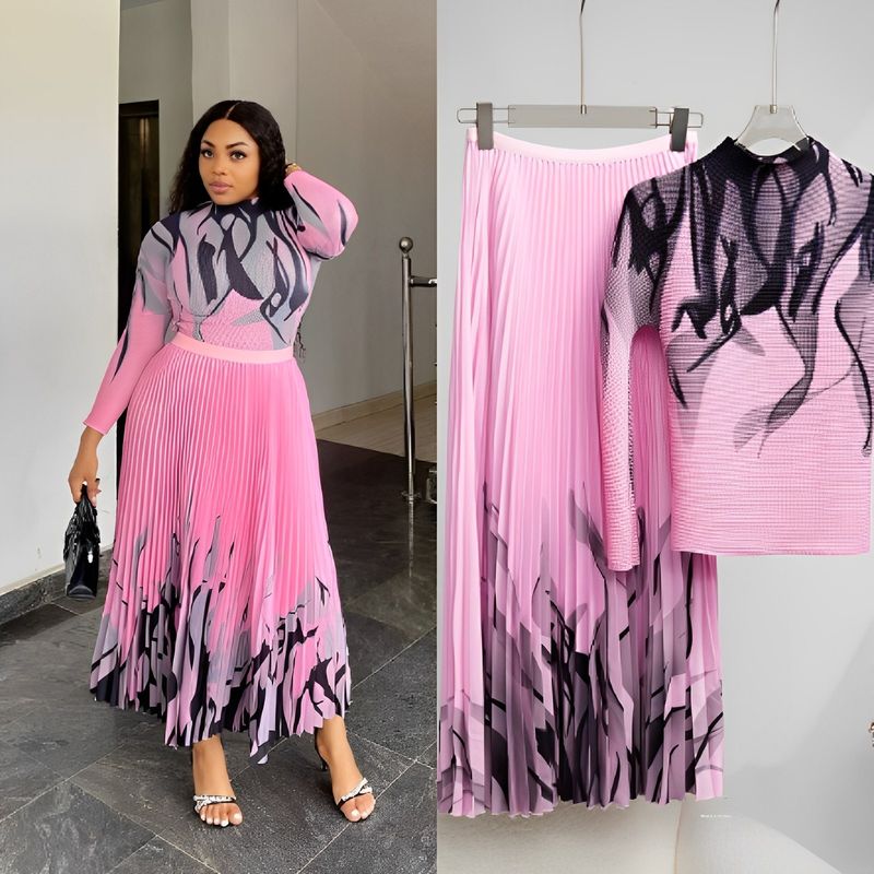 Ensemble élégant avec robe plissée et motif ondulé - Tenue deux pièces élégante pour femme, tenue de bureau et tenue décontractée_voghion.com