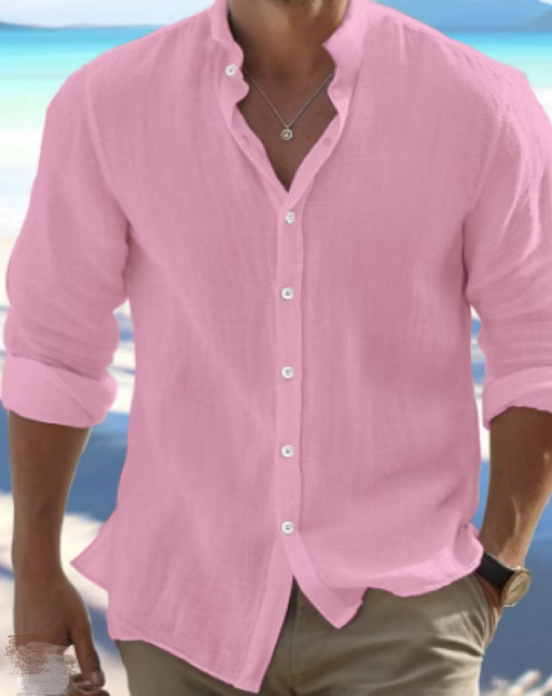 Strandhemd aus Leinen für Herren mit Knöpfen, langärmeliger, schlichter Kragen, lässige Alltagskleidung für Frühling und Sommer_voghion.com