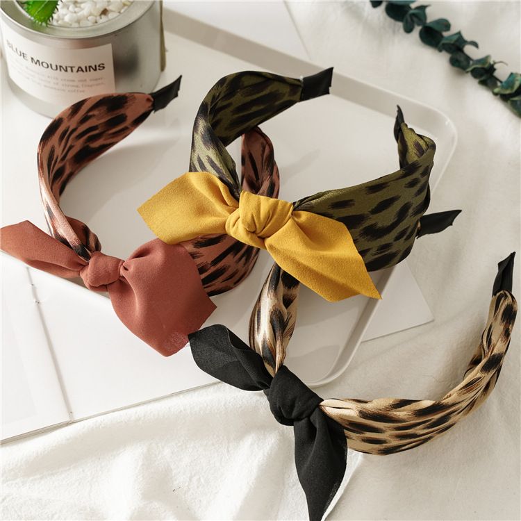 Leopard print rabbit ears knotted wide version headband female European and American going out disc hair card headband jewelry_voghion.com