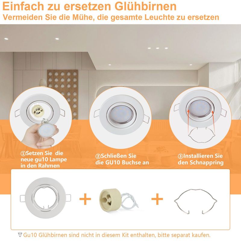 Glitzerlife 6er Einbaurahmen GU10 Set - Weiß Einbaustrahler Mit Sockel Lochdurchmesser 50mm Einbauspots Rund Metall Schwenkbar 30° Für LED Leuchtmittel Halogen_voghion.com