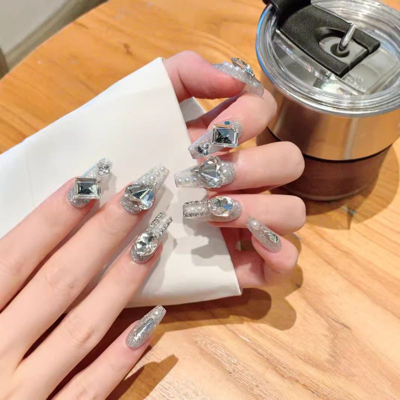Full Cover Crystal Press On Nails | Winter Sparkling Glitter Fake Nails | Detachable_voghion.com